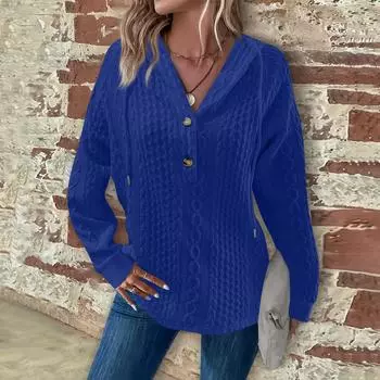 Женская мода с длинным рукавом, завязками на шнурке, капюшоном, пуговицами, V-образным вырезом, повседневная толстовка с капюшоном XXXL синий