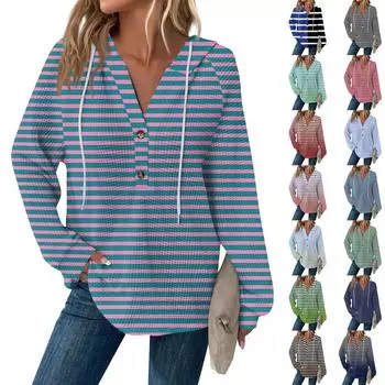 Женская мода с длинным рукавом, завязками на шнурке, капюшоном, пуговицами, V-образным вырезом, повседневная толстовка с капюшоном и принтом XL