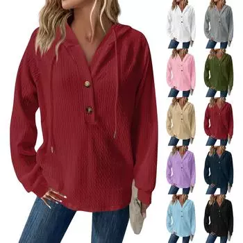 Женская мода с длинным рукавом, завязками на шнурке, капюшоном, пуговицами, V-образным вырезом, повседневная толстовка с капюшоном XXL