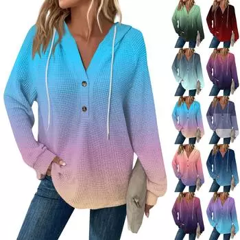 Женская мода с длинным рукавом, завязками на шнурке, капюшоном, пуговицами, V-образным вырезом, повседневная толстовка с капюшоном и принтом XXXL