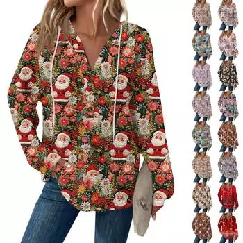 Женская мода с длинным рукавом, завязками на шнурке, капюшоном, пуговицами, V-образным вырезом, повседневная толстовка с капюшоном и рождественским принтом M