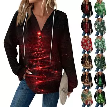 Женская мода с длинным рукавом, завязками на шнурке, капюшоном, пуговицами, V-образным вырезом, повседневная толстовка с капюшоном и рождественским принтом M