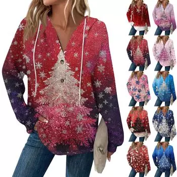 Женская мода с длинным рукавом, завязками на шнурке, капюшоном, пуговицами, V-образным вырезом, повседневная толстовка с капюшоном и рождественским принтом XXL