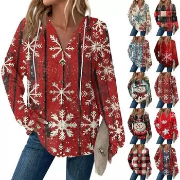 Женская мода с длинным рукавом, завязками на шнурке, капюшоном, пуговицами, V-образным вырезом, повседневная толстовка с капюшоном и рождественским принтом M синий