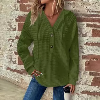 Женская мода с длинным рукавом, завязками на шнурке, капюшоном, пуговицами, V-образным вырезом, повседневная толстовка с капюшоном S чёрный