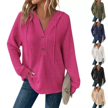 Женская мода с длинным рукавом, завязками на шнурке, капюшоном, пуговицами, V-образным вырезом, повседневная толстовка с капюшоном S бежевый