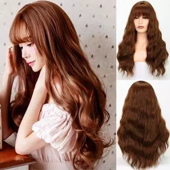 Женская мода с длинным вьющимся париком с челкой wig