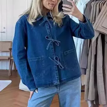 Женская мода с длинными рукавами джинсовая рубашка новый воротник с лацканами женские блузки на шнуровке верхняя одежда женские повседневные карманы однотонные свободные простые одежда 2866 S синий
