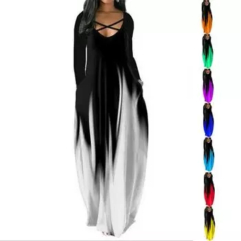 Женская мода с длинными рукавами и V-образным вырезом с градиентной печатью и карманом, длинное платье, свободное платье макси больших размеров S зелёный