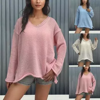 Женская мода с длинными рукавами и V-образным вырезом свитер с подвернутым краем L синий