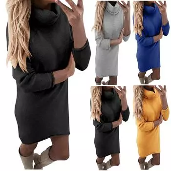 Женская мода с длинными рукавами Тонкая майка Водолазка Свитер Свободное платье M чёрный