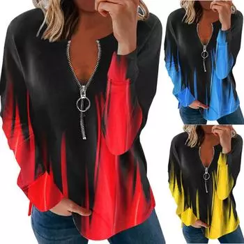 Женская мода с градиентным принтом и v-образным вырезом с длинными рукавами, блузки, осенние свободные повседневные топы S жёлтый