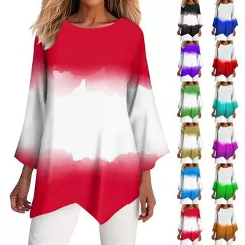 Женская мода с градиентным принтом, круглым вырезом, рукавом 3/4, нерегулярным подолом, футболка, топ L