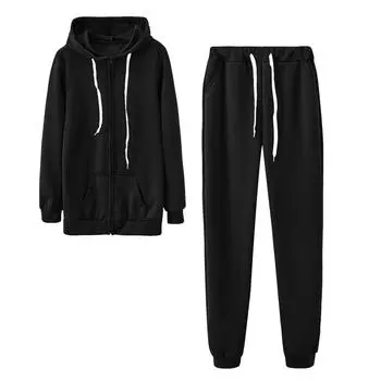 Женская мода с капюшоном, длинным рукавом, однотонная молния, эластичный пояс, свободный комплект свитшотов L чёрный