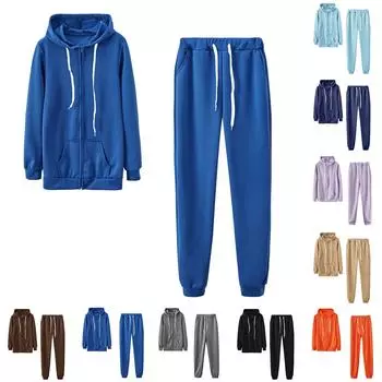 Женская мода с капюшоном, длинным рукавом, однотонная молния, эластичный пояс, свободный комплект свитшотов L чёрный