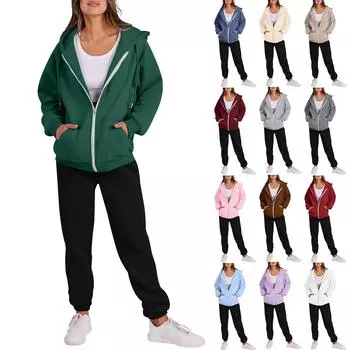 Женская мода с капюшоном, длинным рукавом, однотонная молния, эластичный пояс, свободный комплект свитшотов L коричневый