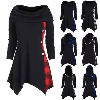 Женская мода с капюшоном и длинным рукавом в клетку, конвертируемая шея, носовой платок на пуговицах, нерегулярная футболка, топы L чёрный