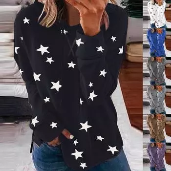 Женская мода с капюшоном и звездным принтом в стиле пэчворк, топы с длинными рукавами, блузка, толстовка S синий