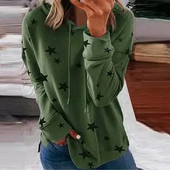 Женская мода с капюшоном и звездным принтом в стиле пэчворк, топы с длинными рукавами, блузка, толстовка L зелёный
