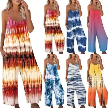 Женская мода с карманами и принтом, свободные длинные брюки, повседневный летний комбинезон L синий