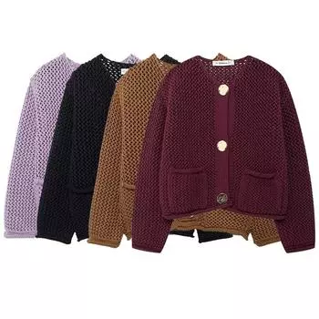 Женская мода с карманами, красный однобортный вязаный свитер, винтажный с круглым вырезом и длинными рукавами, женские шикарные женские наряды S бежевый