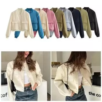Женская мода с карманом куртка-бомбер пальто осень/зима винтажная с длинными рукавами на пуговицах спереди повседневная бейсбольная куртка шикарный топ S бежевый