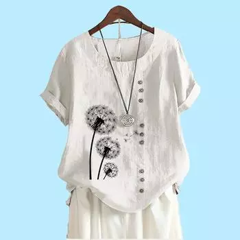 Женская мода с коротким рукавом, хлопковая льняная блузка, лето и осень, мода, цветочный принт, свободная футболка S коричневый