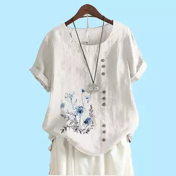 Женская мода с коротким рукавом, хлопковая льняная блузка, лето и осень, мода, цветочный принт, свободная футболка S коричневый