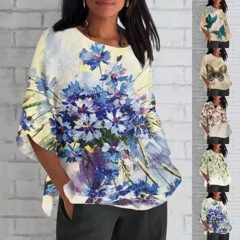 Женская мода с коротким рукавом и круглым вырезом с принтом, свободная повседневная рубашка XXL синий