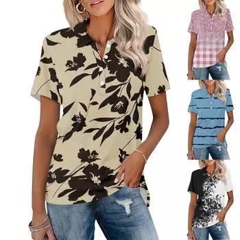 Женская мода с коротким рукавом и принтом на пуговицах L бежевый