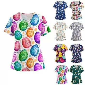 Женская мода с коротким рукавом и v-образным вырезом на шнуровке с пасхальным принтом и карманным рабочим топом XXXL синий