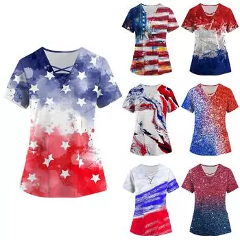 Женская мода с коротким рукавом и v-образным вырезом на шнуровке с карманом и принтом ко Дню независимости L синий