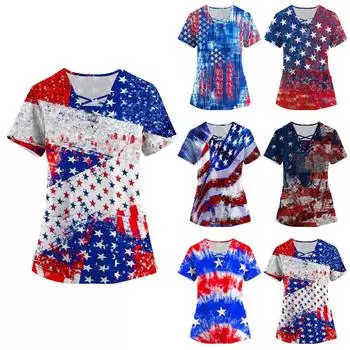 Женская мода с коротким рукавом и v-образным вырезом на шнуровке с карманом и принтом ко Дню независимости L синий