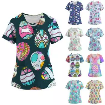 Женская мода с коротким рукавом и v-образным вырезом на шнуровке с пасхальным принтом и карманным рабочим топом XXXL светло-фиолетовый