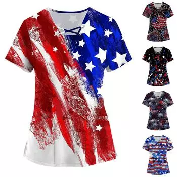 Женская мода с коротким рукавом и v-образным вырезом на шнуровке с карманом и принтом ко Дню независимости L синий