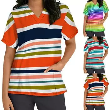 Женская мода с коротким рукавом и v-образным вырезом с принтом, рабочая форма, карманная блузка XXL зелёный