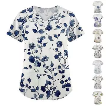 Женская мода с коротким рукавом и V-образным вырезом с карманами и цветочным принтом Топы Одежда L синий