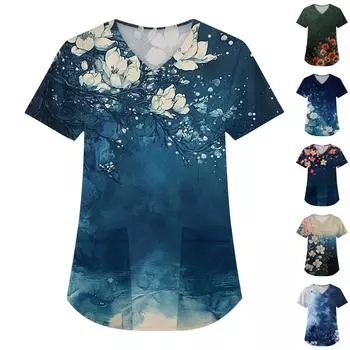Женская мода с коротким рукавом и V-образным вырезом с карманами и цветочным принтом Топы Одежда L синий