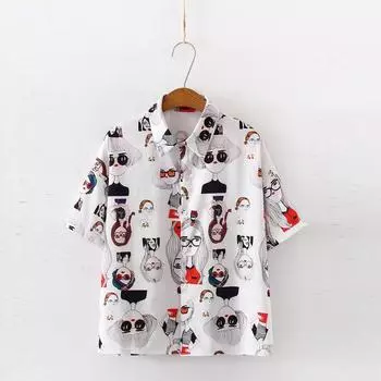 Женская мода с коротким рукавом и винтажным принтом Корейская рубашка Повседневная верхняя блузка M