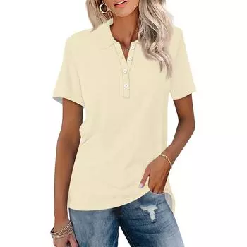 Женская мода с коротким рукавом, однотонный топ с принтом на пуговицах L бежевый