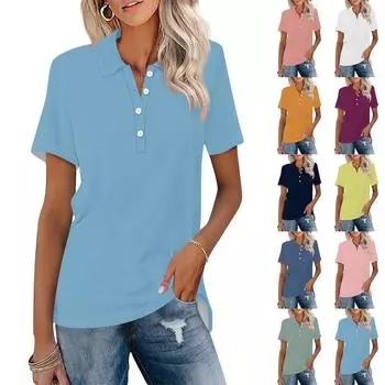 Женская мода с коротким рукавом, однотонный топ с принтом на пуговицах L синий