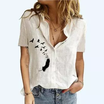Женская мода с коротким рукавом, осенне-летняя повседневная футболка с воротником с лацканами, хлопковый льняной кардиган с принтом, блузки S белый