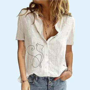 Женская мода с коротким рукавом, осенне-летняя повседневная футболка с воротником с лацканами, хлопковый льняной кардиган с принтом, блузки S белый