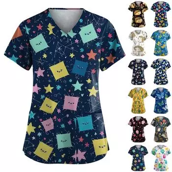 Женская мода с коротким рукавом, симпатичным принтом животных, V-образным вырезом, карманом, рабочая одежда, топы L чёрный