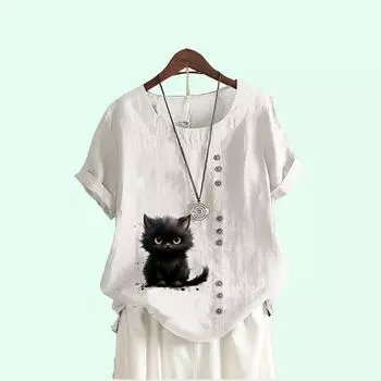 Женская мода с коротким рукавом, свободная льняная блузка, летняя повседневная футболка с круглым воротником и принтом кота S коричневый