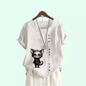 Женская мода с коротким рукавом, свободная льняная блузка, летняя повседневная футболка с круглым воротником и принтом кота S коричневый