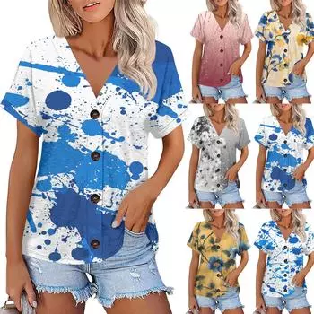 Женская мода с короткими рукавами и V-образным вырезом, повседневная футболка с пуговицами M бежевый