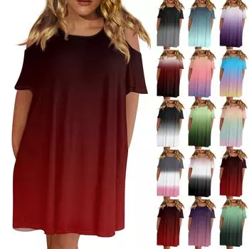 Женская мода с круглым вырезом без бретелек с коротким рукавом повседневное свободное платье с принтом и карманами L чёрный