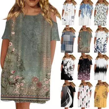 Женская мода с круглым вырезом без бретелек с коротким рукавом повседневное свободное платье с принтом и карманами L чёрный