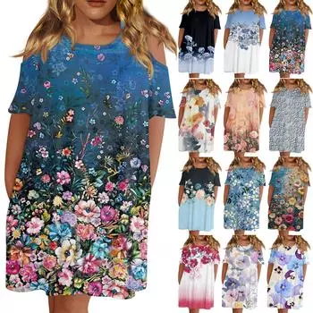 Женская мода с круглым вырезом без бретелек с коротким рукавом повседневное свободное платье с принтом и карманами L чёрный